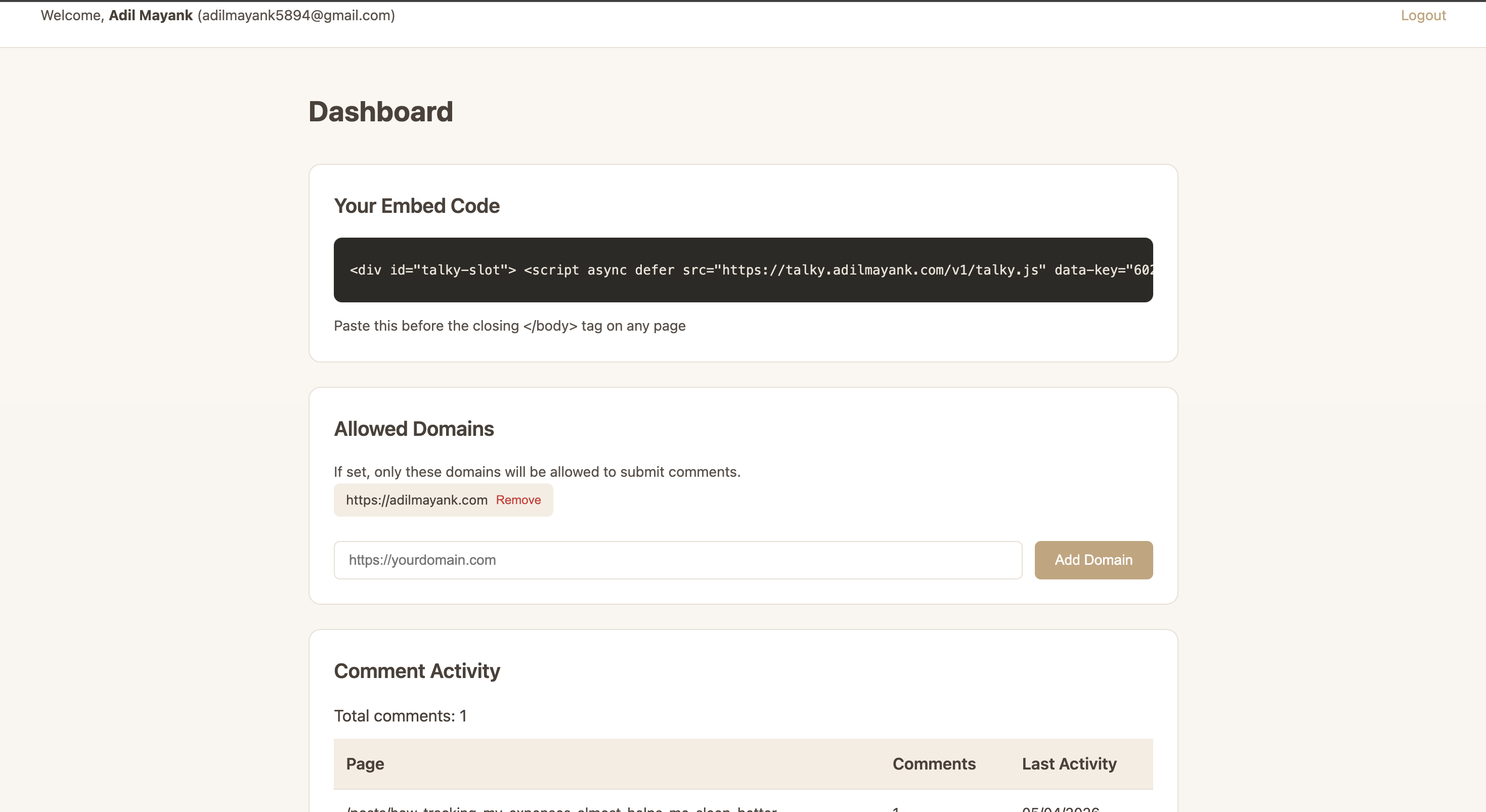Talky settings page