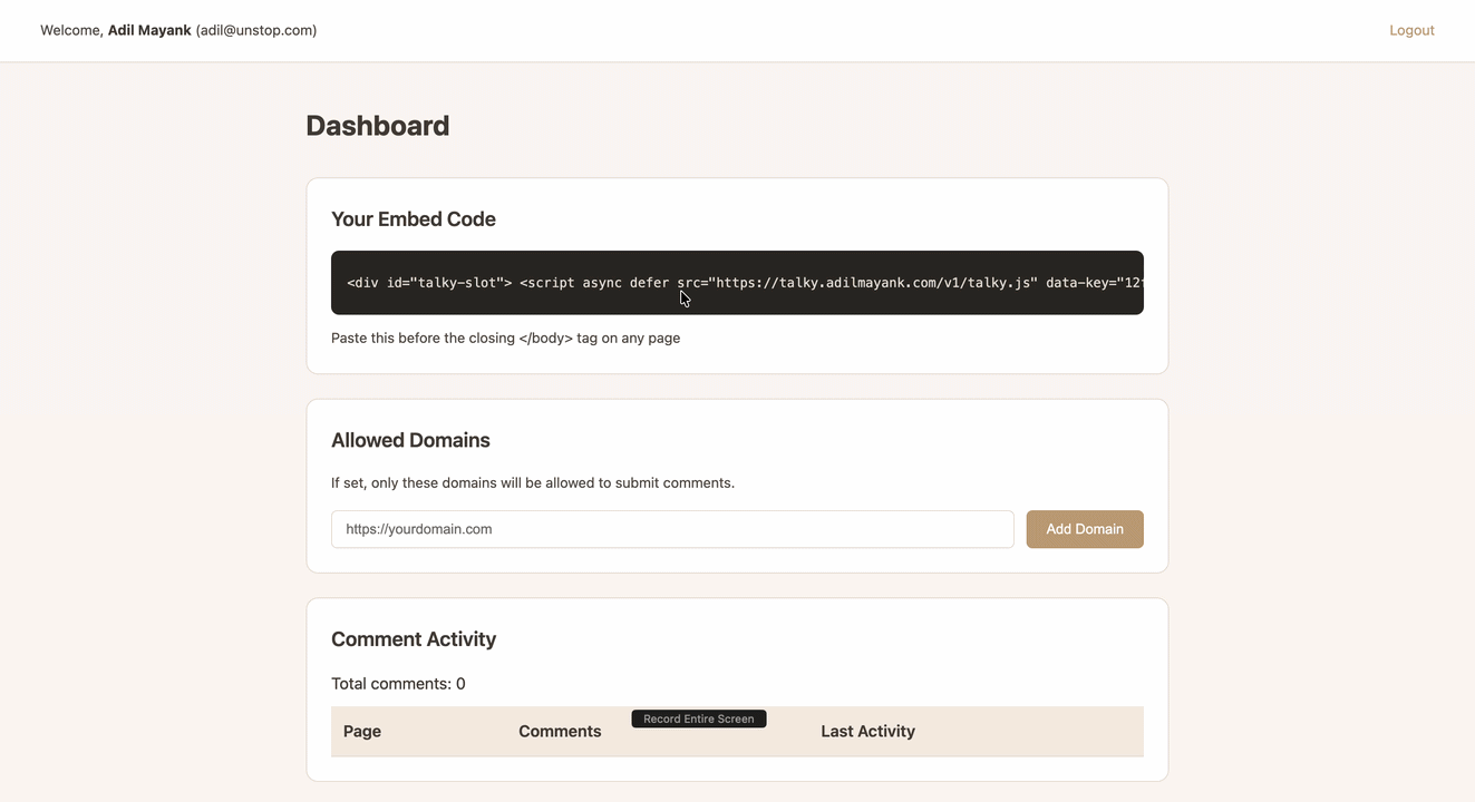 Dashboard with API key