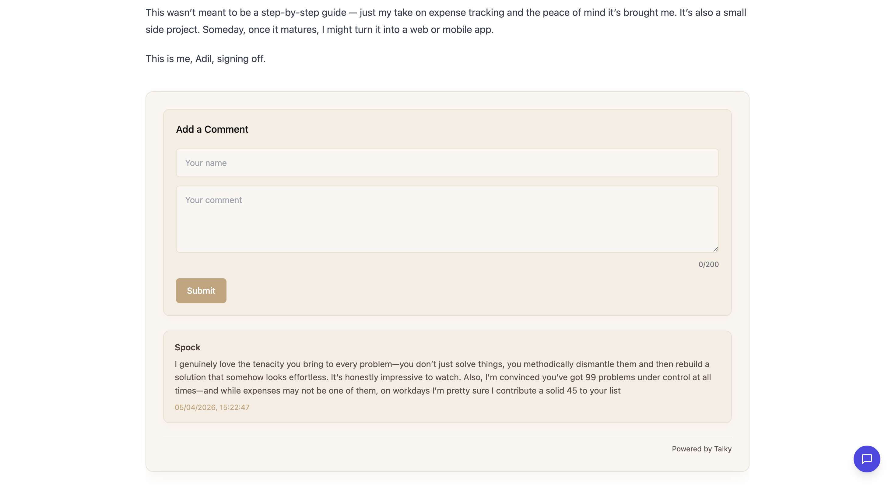 Talky comment box on a website