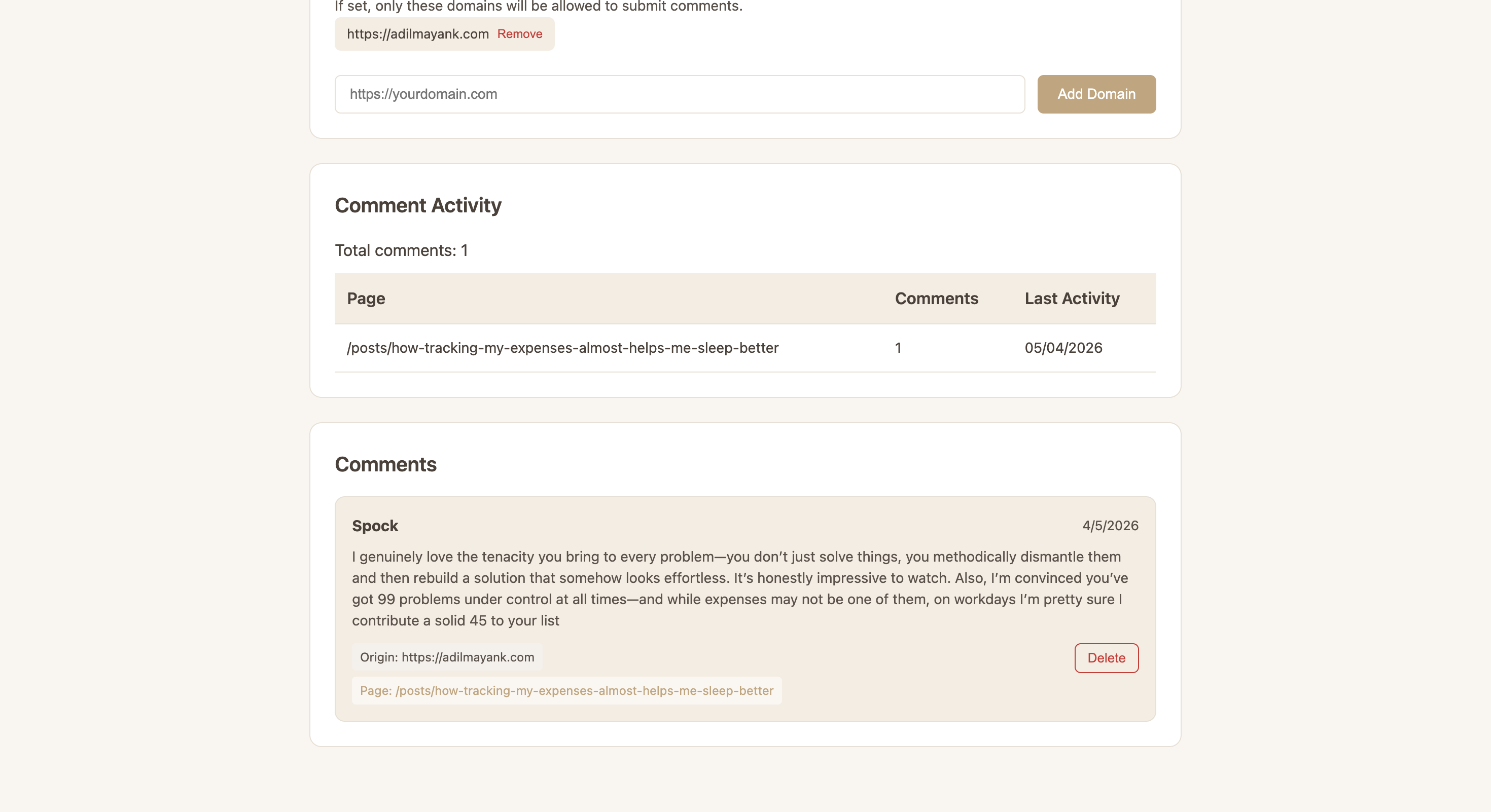 Dashboard showing comments