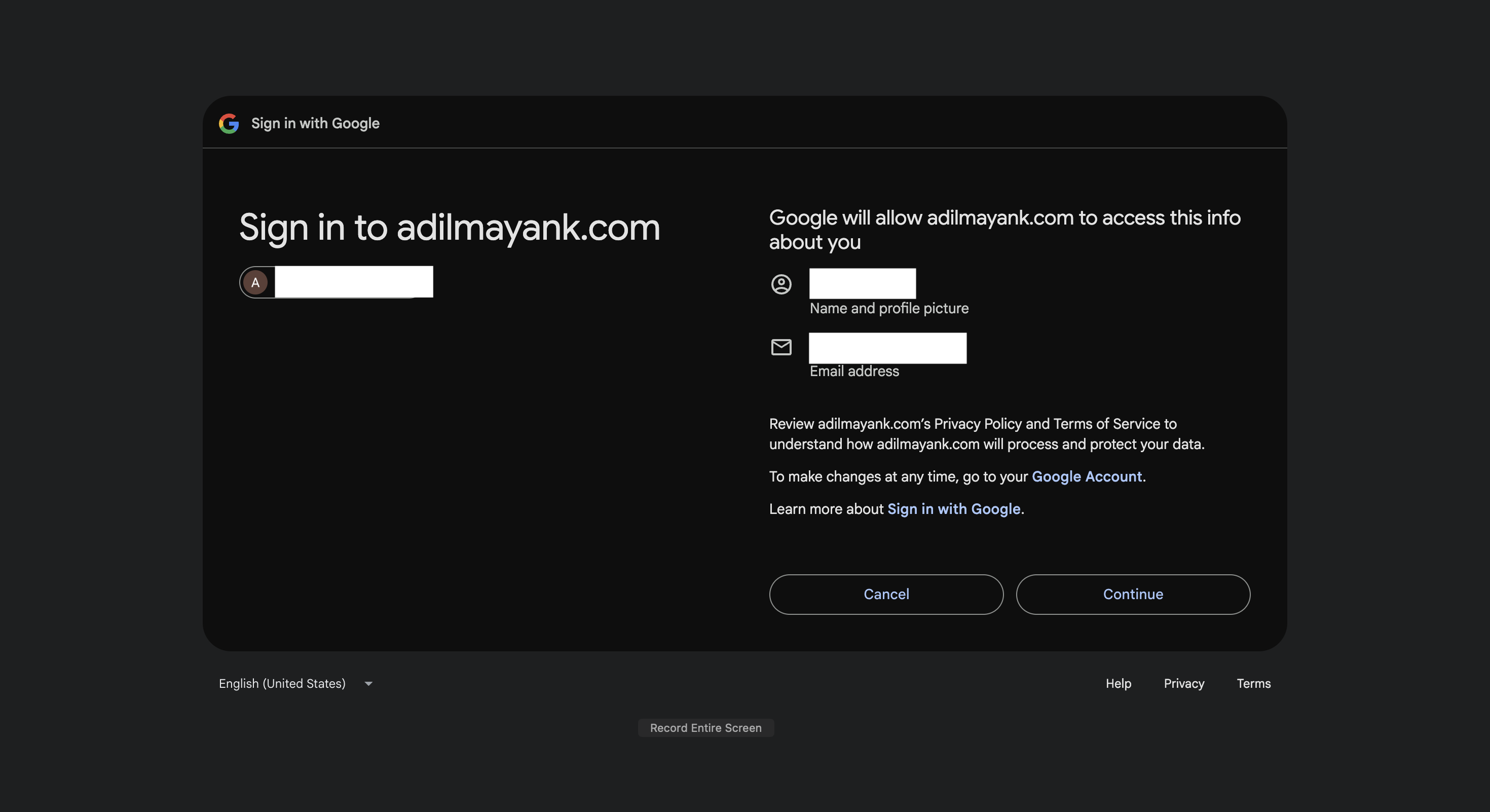 Google consent screen - grants access to email and profile name